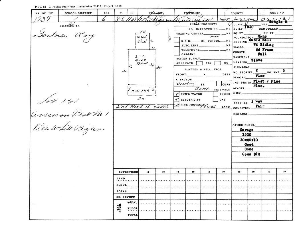 Property tax form with details on location, structure, utilities, and condition, assigned to Gostner Ray, for a house built in 1920.