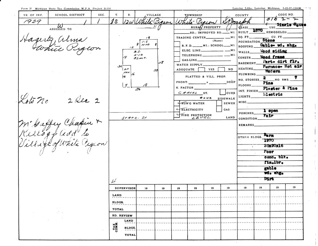 1939 property tax record for Alma Haggerty, White Pigeon, Michigan. Details on location, structure, and utilities included.