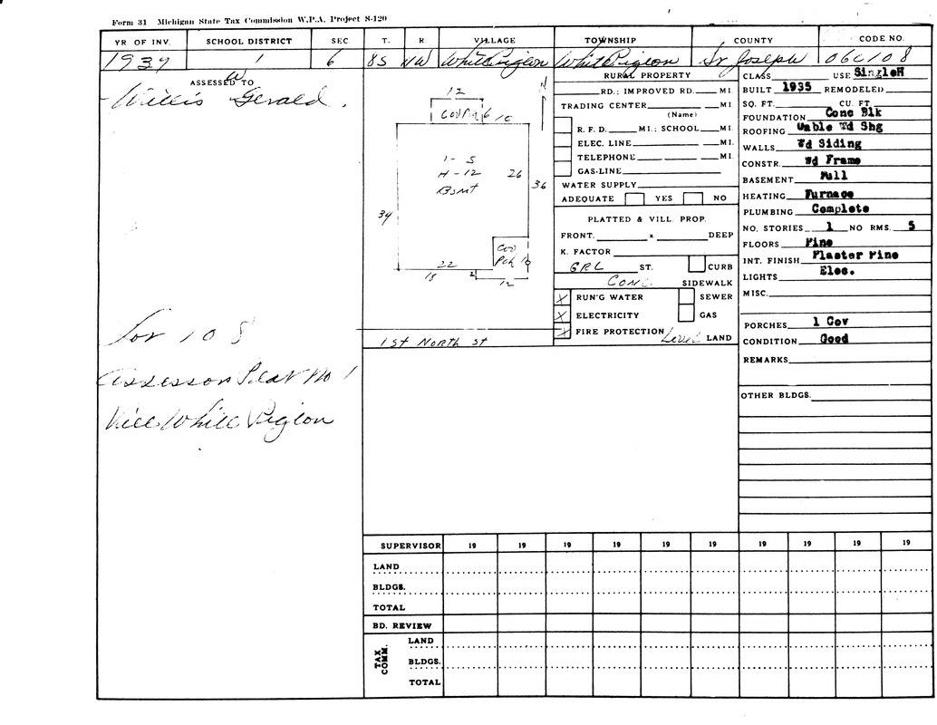 A 1939 Michigan property tax form detailing land and building assessments, owner, utilities, construction info, and property condition.