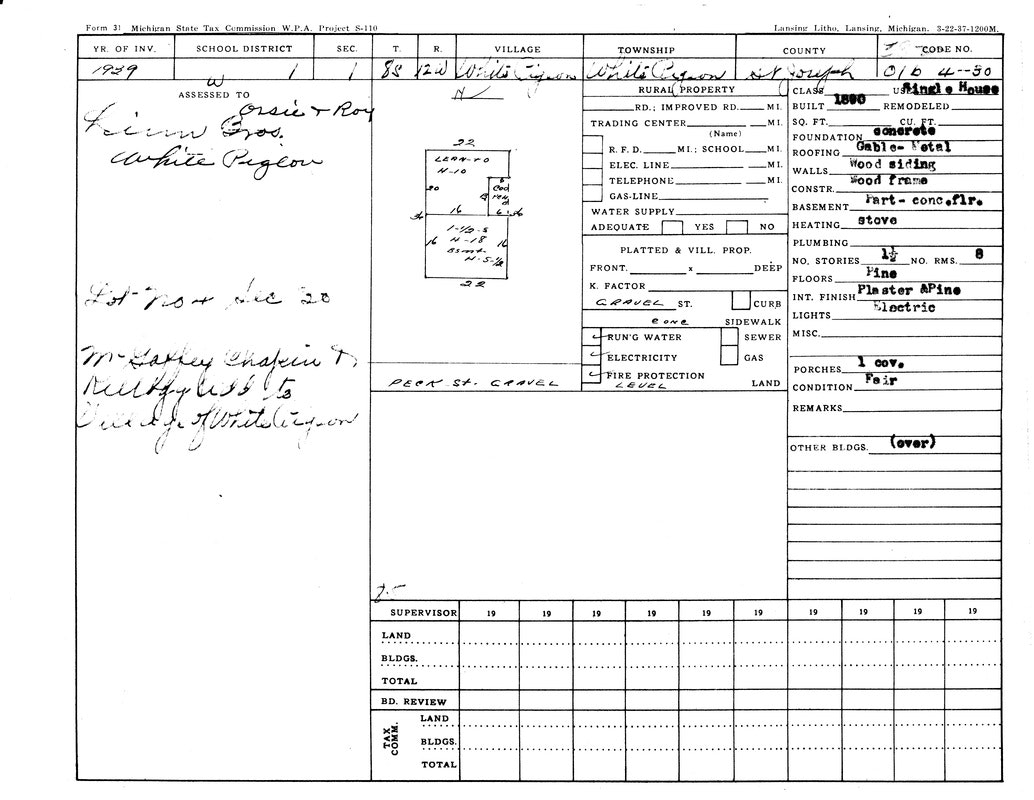 It's a Michigan State Tax Commission property assessment form, detailing a residential property in White Pigeon, 1929.