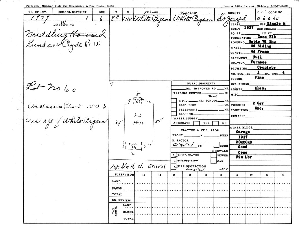 A Michigan State tax form for rural property, showing details like owner, lot number, property layout, and building info.