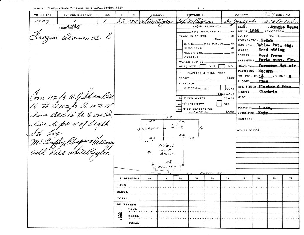 A 1939 Michigan State Tax Commission form detailing property information, including description, structure, and utilities.