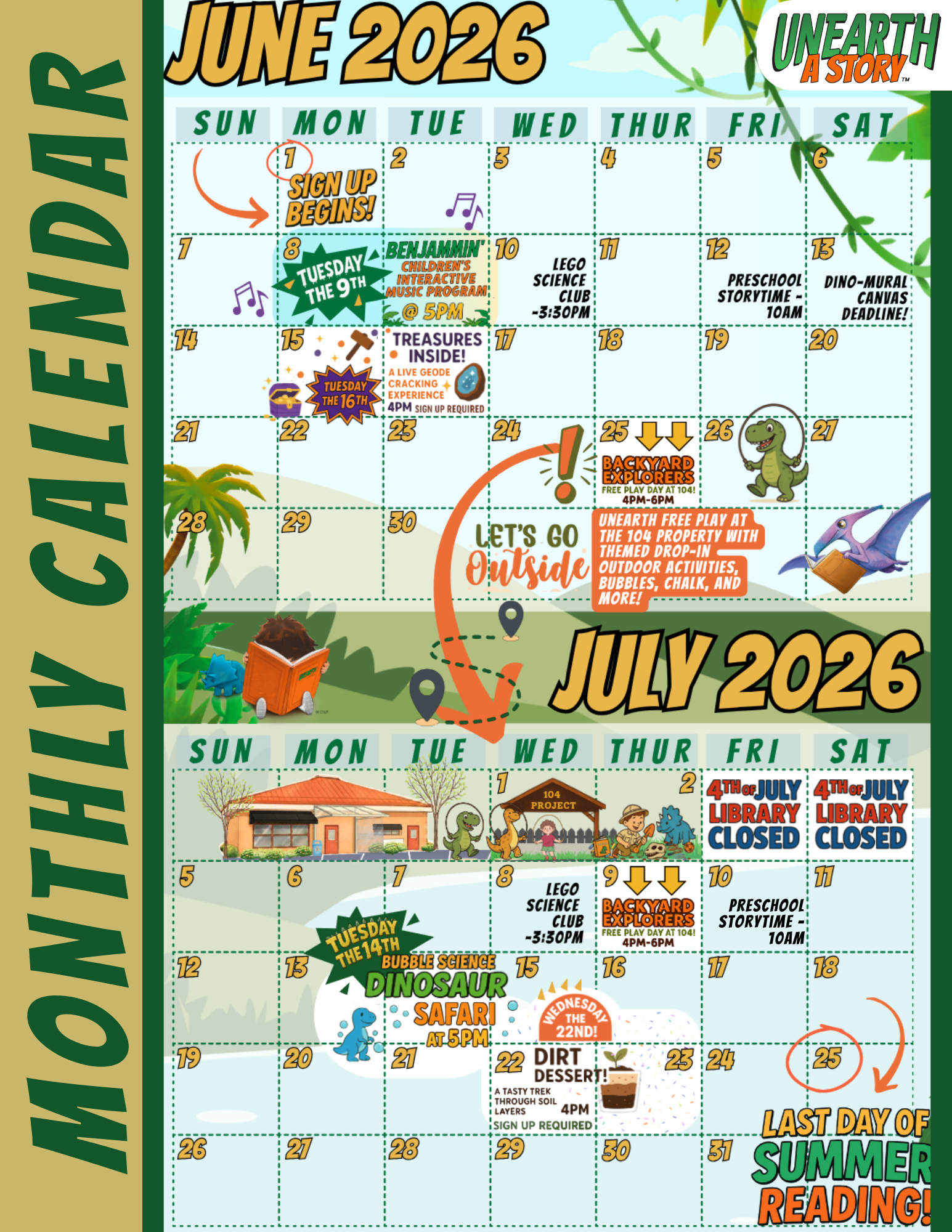 A colorful calendar for June and July 2026, featuring events like music programs, science clubs, and summer activities for kids.