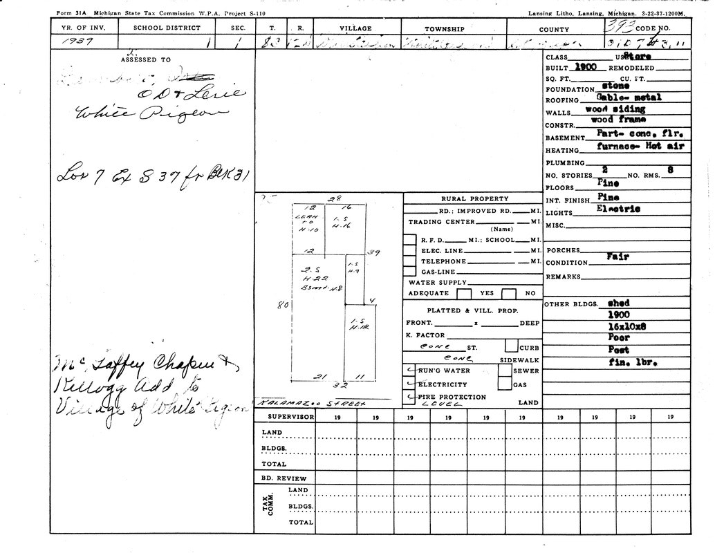 A Michigan 1937 tax assessment form for a property in White Pigeon, detailing structural and utility information.