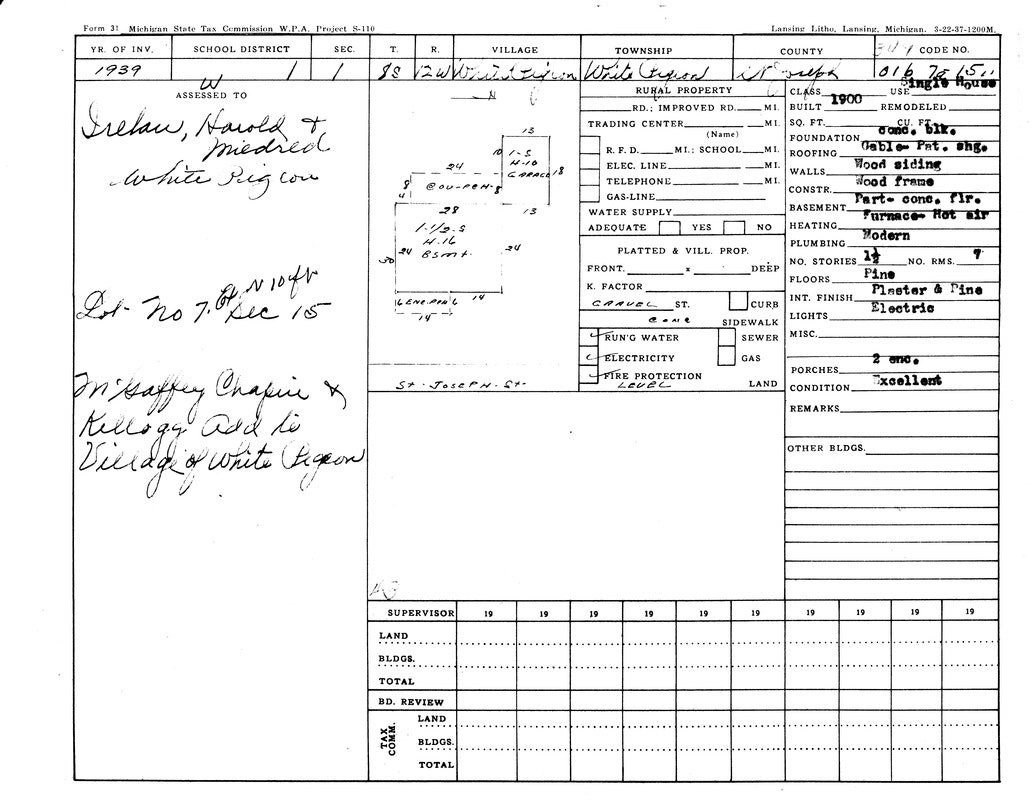 A Michigan tax commission form from 1939 for property in White Pigeon, showing owners, building details, and utilities.