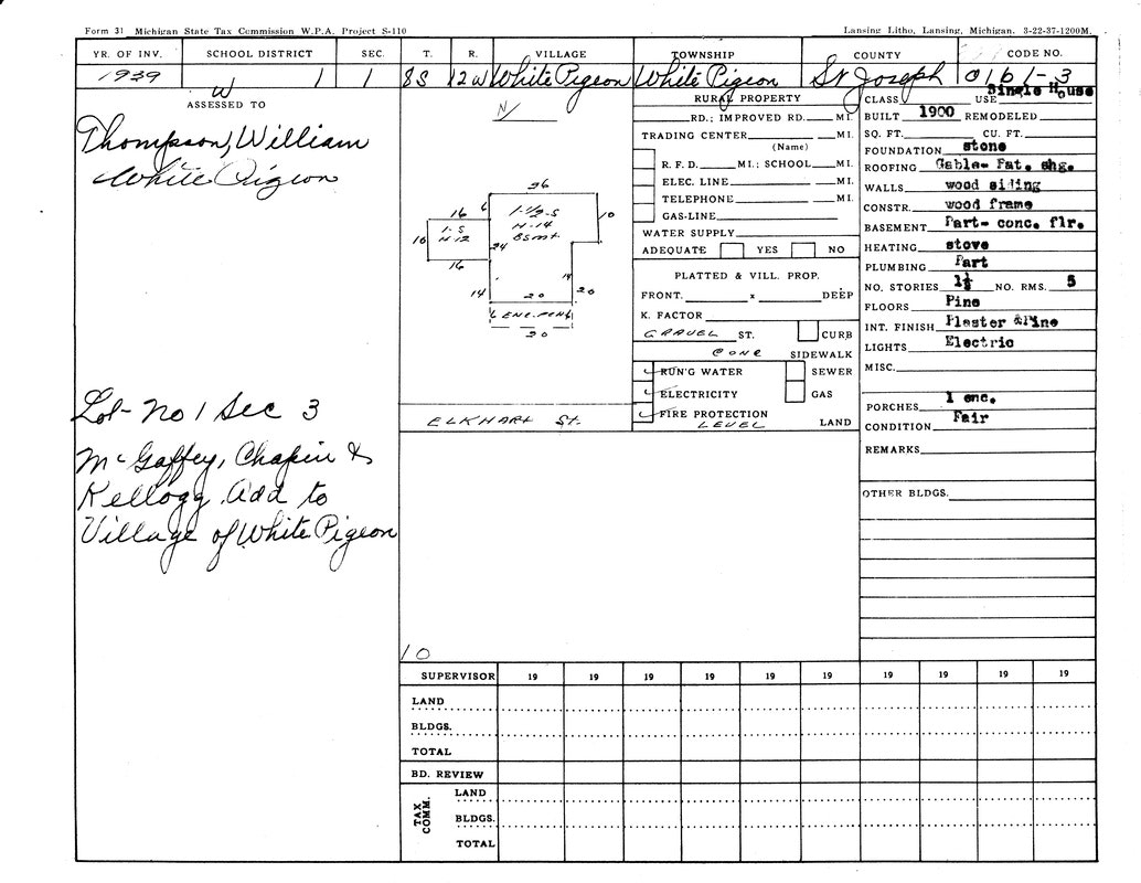 Property tax document for White Pigeon, Michigan. Details: structure, utilities, owner (William Thompson). Built in 1900, fair condition.