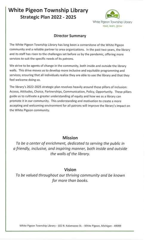 White Pigeon Township Library strategic plan 2022-2025 focuses on inclusion, equity, and community enrichment.