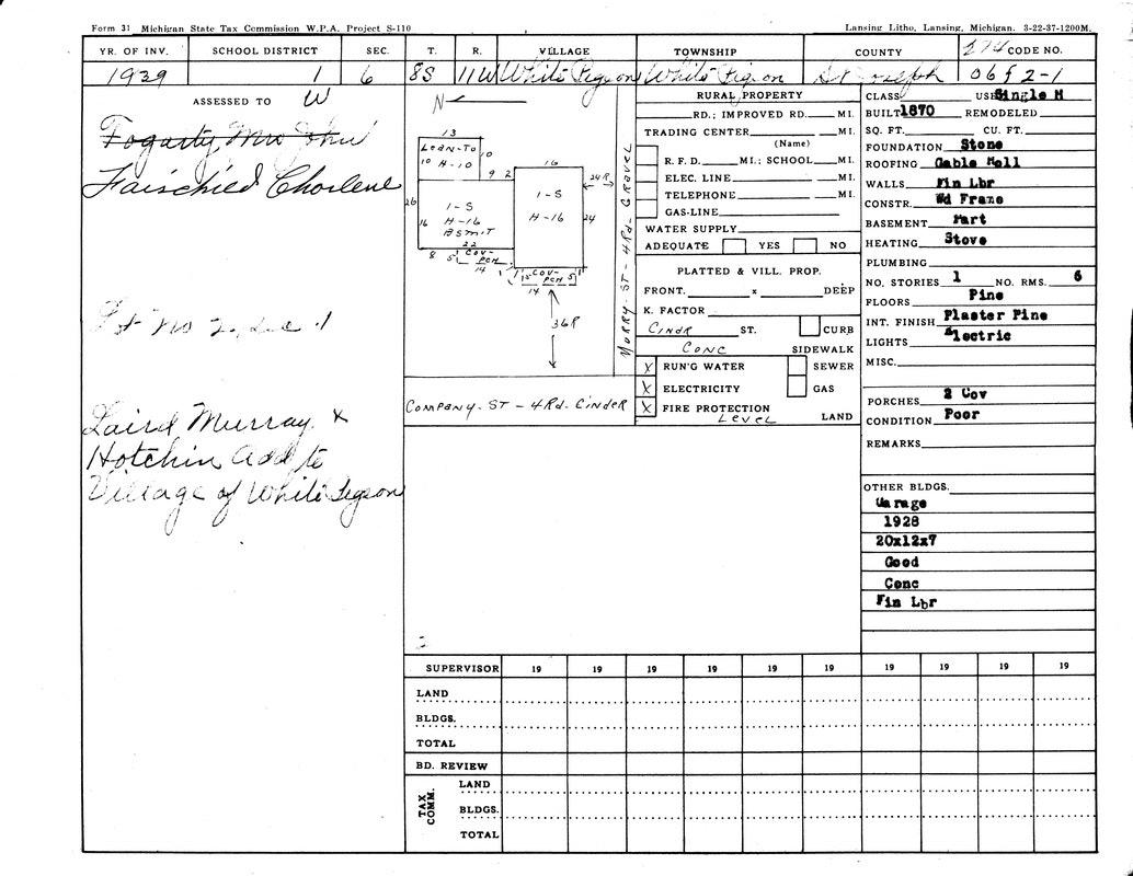 Property record form from 1939, detailing a single home in Michigan, including size, condition, utilities, and other specifications.