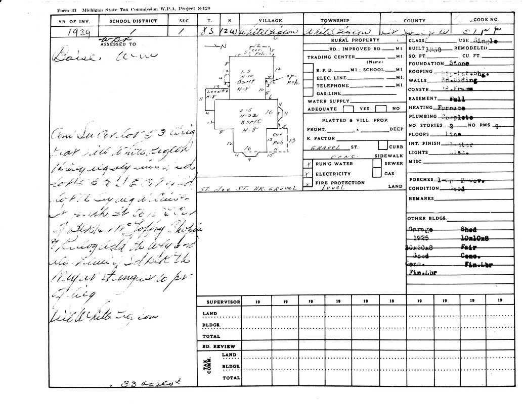 Tax assessment form from 1939 for a property in Michigan, with details on size, infrastructure, and assessor's notes.
