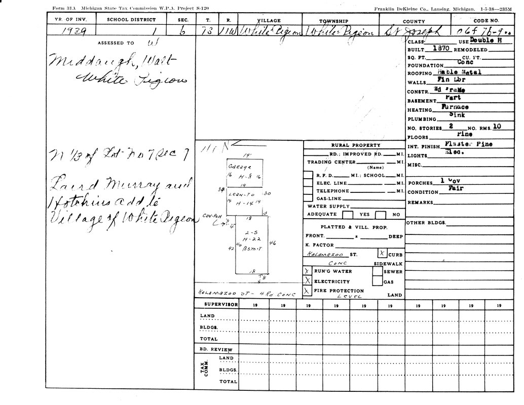 A property assessment form from 1929 for a lot in White Pigeon, Michigan, detailing building specs, land info, and conditions.