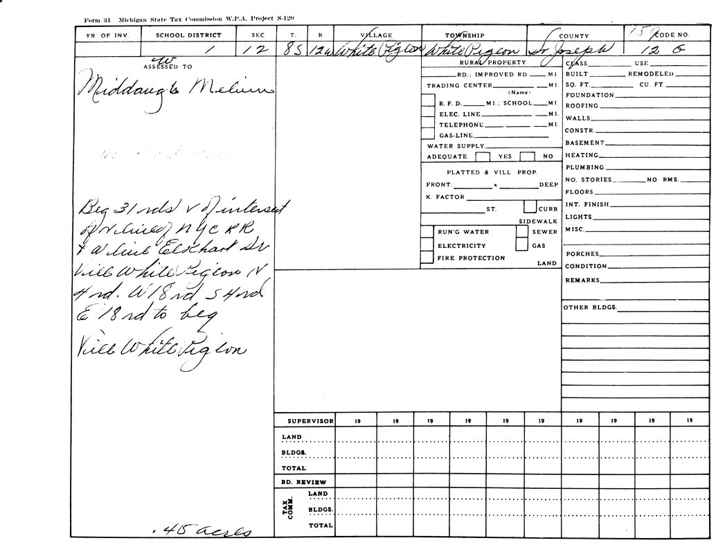 Form from Michigan State Tax Commission, showing assessment details for property in White Pigeon Township, St. Joseph County.