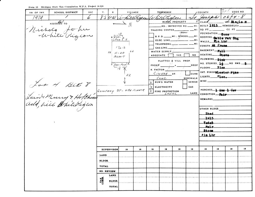 Property record card, Michigan State Tax Commission, for St. Joseph County, 1929. Details include property specs and tax info.