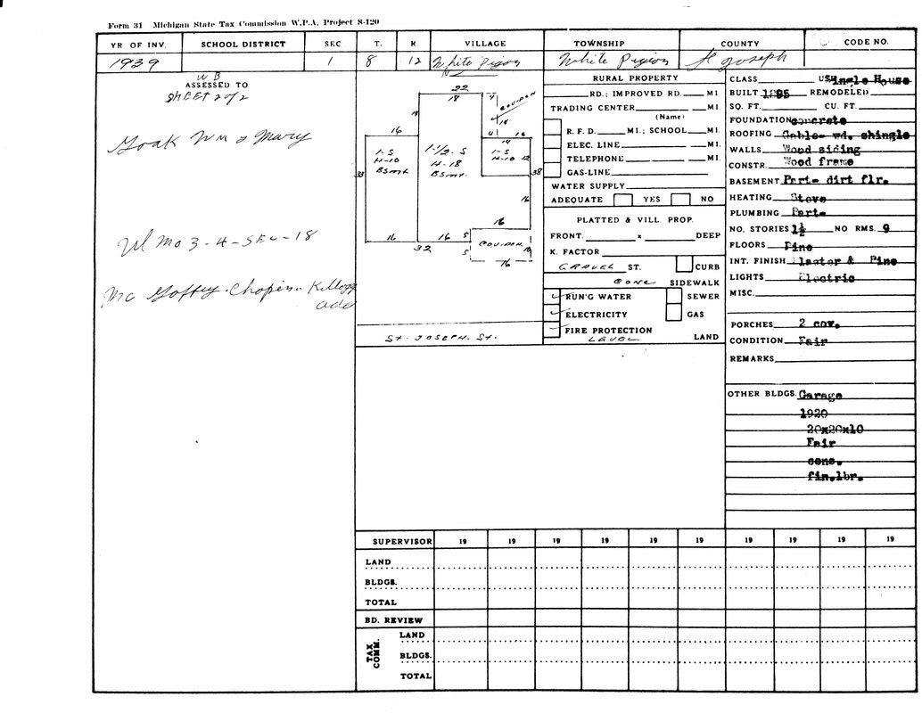 Michigan property tax form from 1939 for White Pigeon; details on construction, utilities, and condition are included.