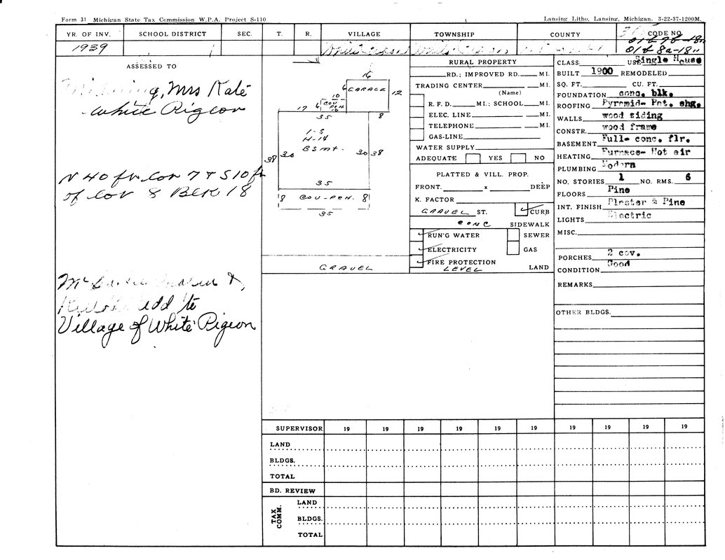 A 1939 Michigan State Tax Commission form with details about a property in White Pigeon, including structure, location, and utilities.