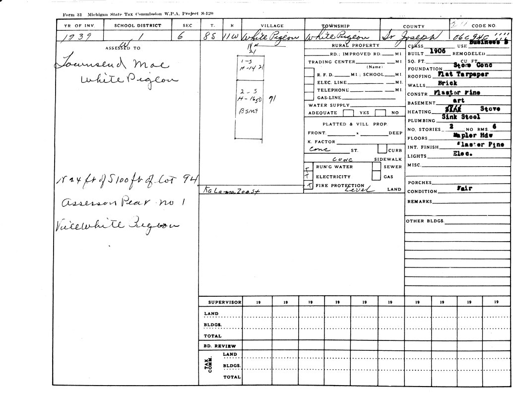 Michigan State Tax form for a property in White Pigeon, dated 1939, with details on structure and ownership.