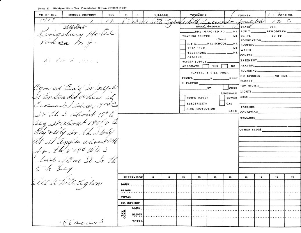 A property assessment form for the Kingsbury Hotel, Detroit, MI, from 1937 with handwritten notes and technical details.