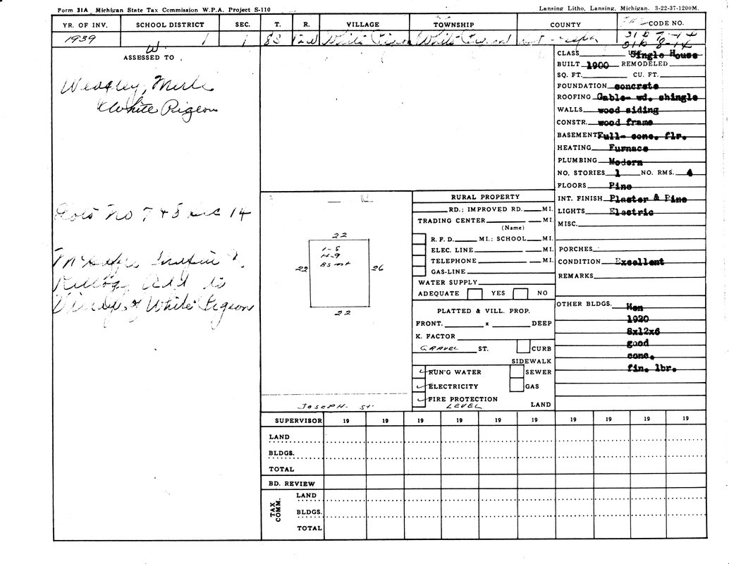 Property assessment form from Michigan State Tax Commission, 1939. Contains details on buildings, construction, utilities, and assessments.