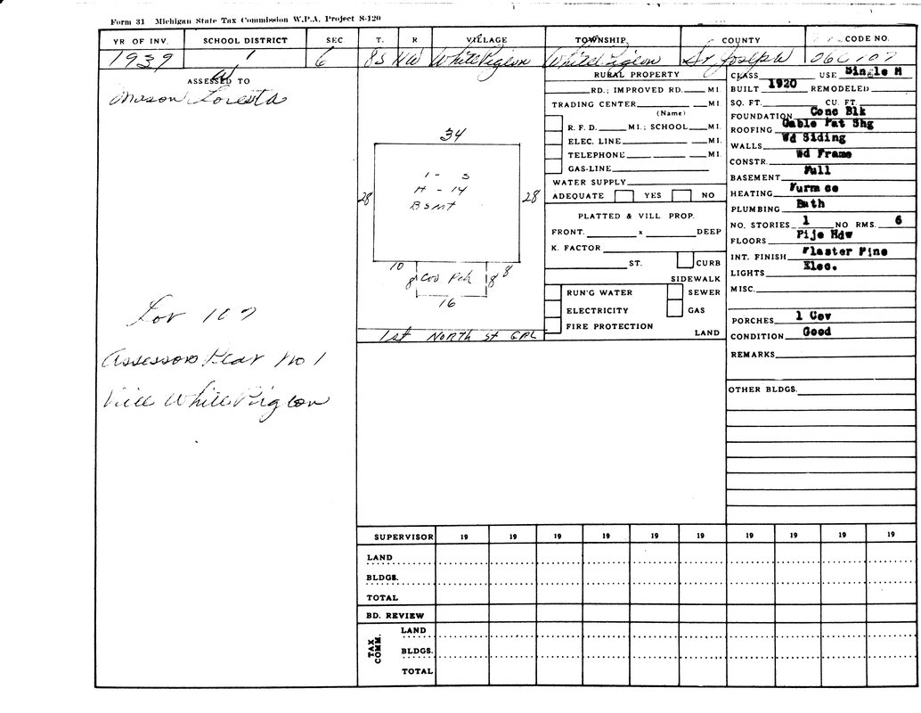 Michigan State Tax Commission form from 1939 for rural property, detailing structure specs and owner info.