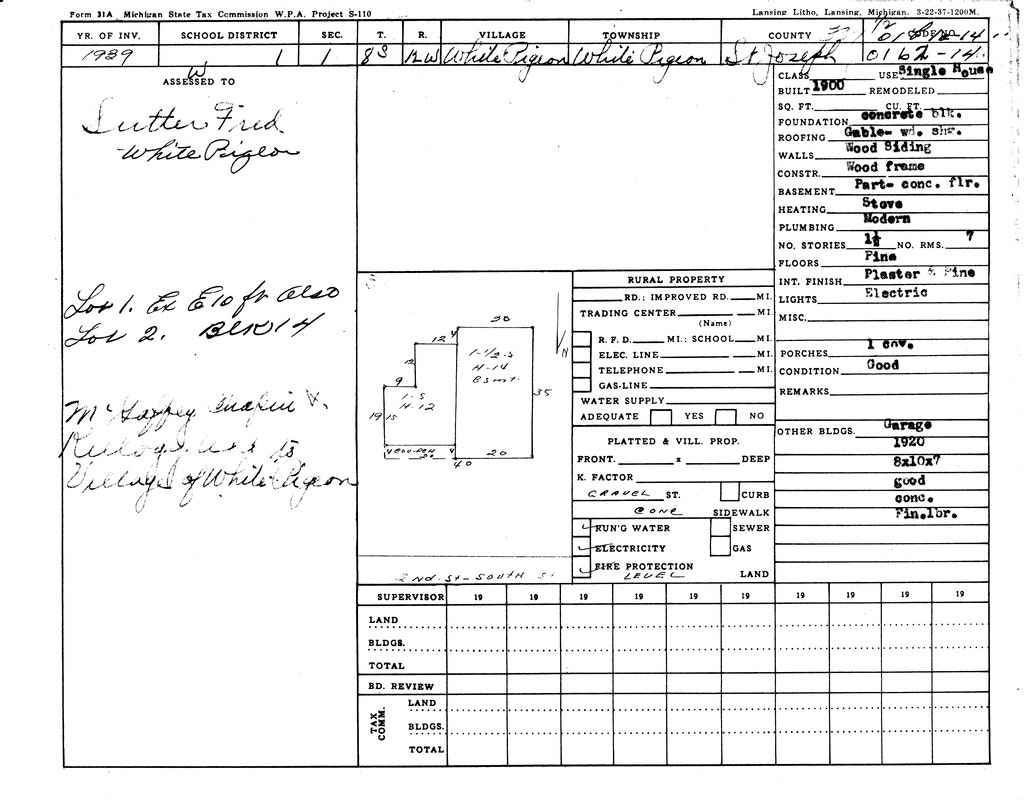 1939 property tax record for White Pigeon, Michigan; details building class, size, materials, and layout.