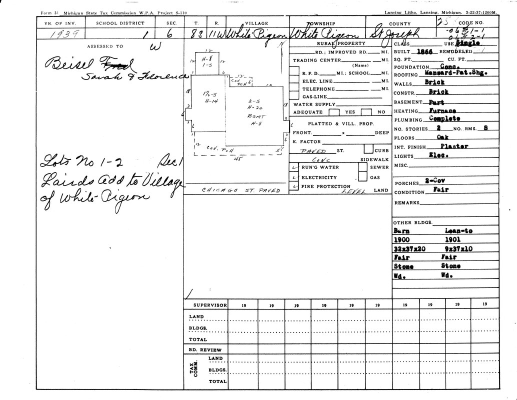 Tax assessment form for property in White Pigeon, Michigan. Includes land details, building specs, and owner info from 1939.