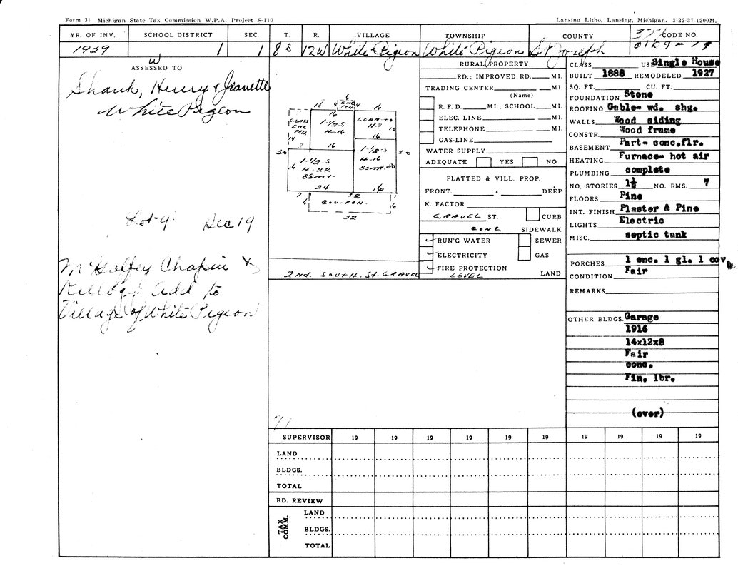 Property record form detailing a single house in Michigan, including ownership, building specs, and features, from 1929.
