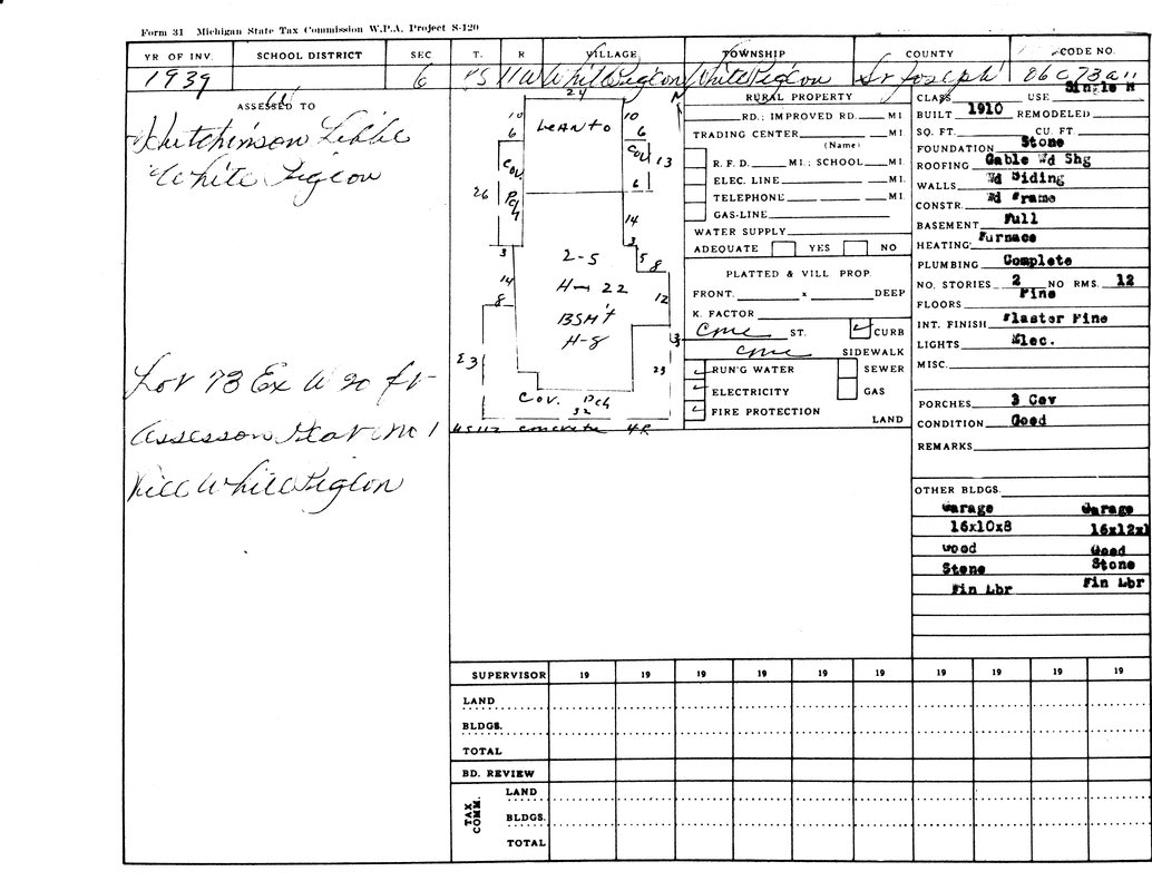 A 1939 Michigan State Tax Commission property form with details on land, buildings, and conditions. Contains a sketch and various annotations.