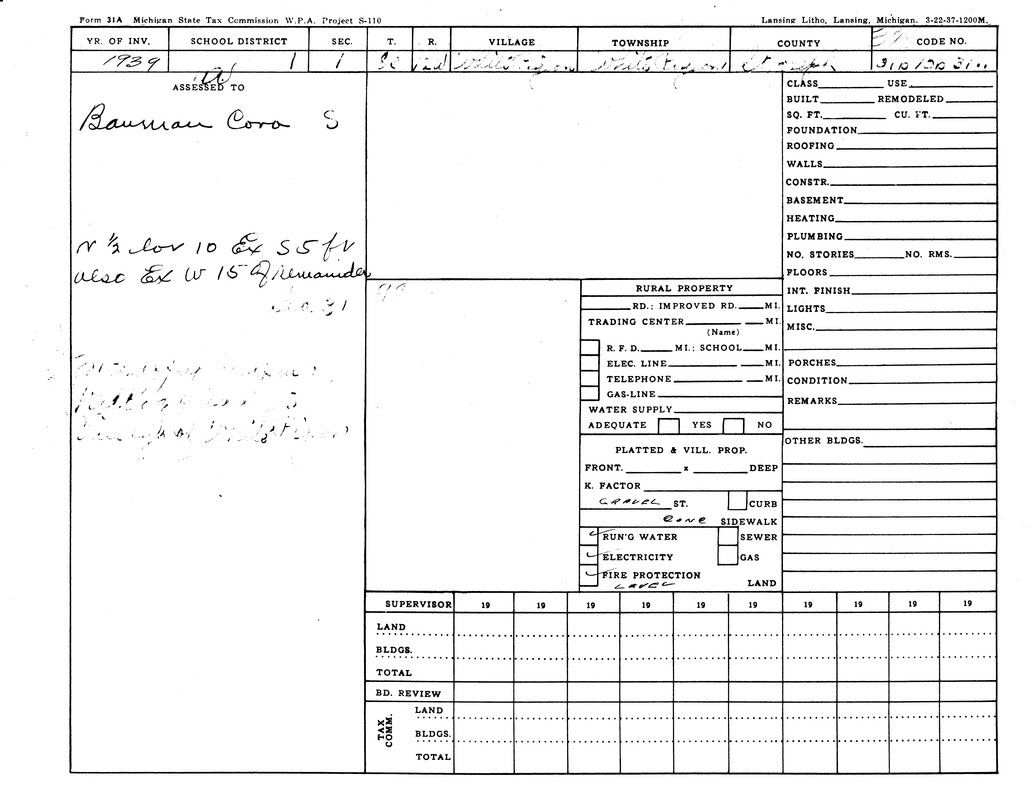 A Michigan State Tax Commission form from 1939, detailing property information, assigned to Bauman Cora S.