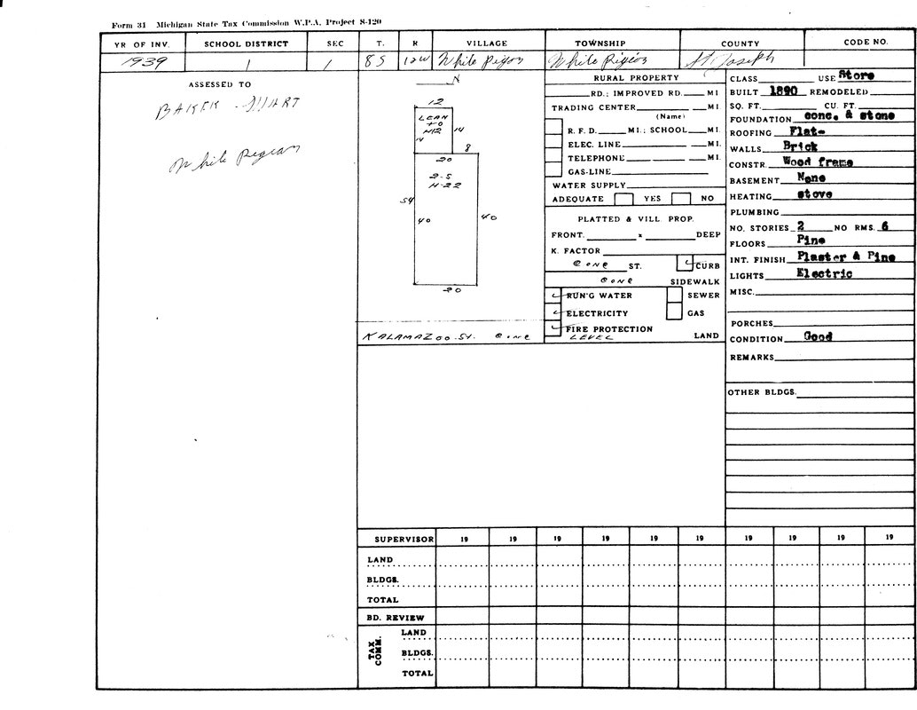 A 1939 Michigan state tax form for a property in White Pigeon, assessed to Baker. Details include a 2-story brick store, built in 1890.