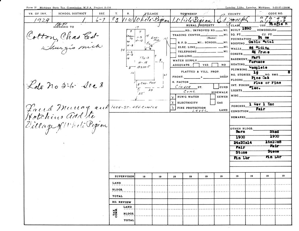 A property tax record from 1929 for Charles Cotton in White Pigeon, Michigan, detailing property features and condition.