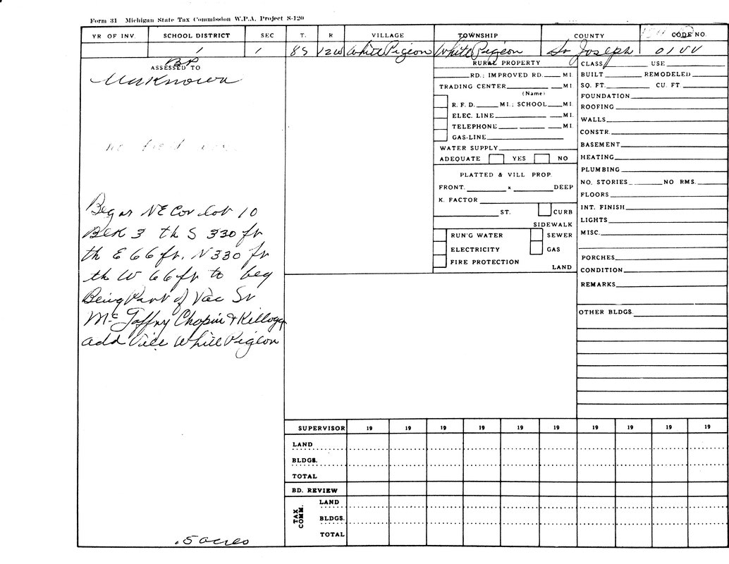 A Michigan State Tax form detailing property in White Pigeon, St. Joseph County. Includes measurements and mentions .5 acres.