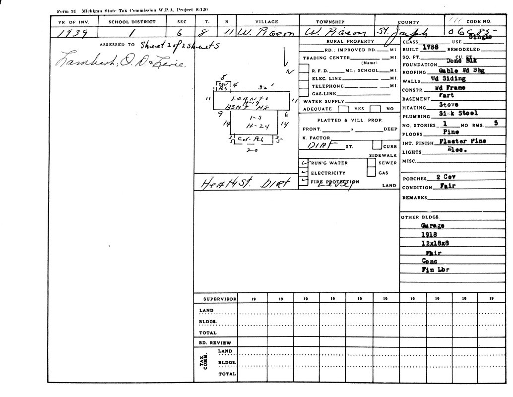 1939 Michigan property tax form detailing a residence: fair condition, single use, wood frame, 1 story, 2 covered porches.