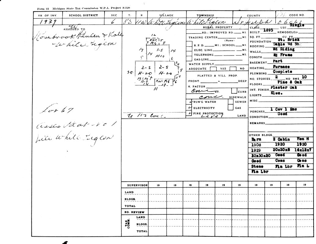 A 1937 Michigan property appraisal form detailing lot information, building specs, and utilities for White Pigeon township.