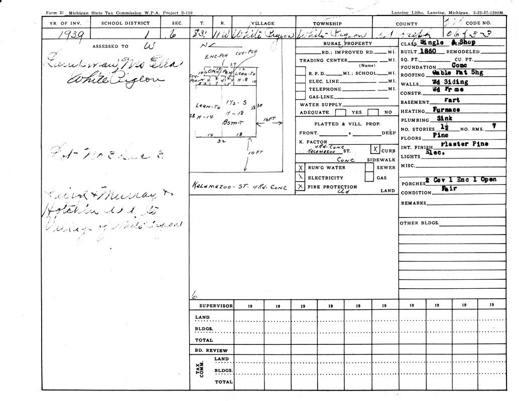 A 1939 Michigan property tax form detailing building specs, ownership, and utilities for a single shop in White Pigeon village.