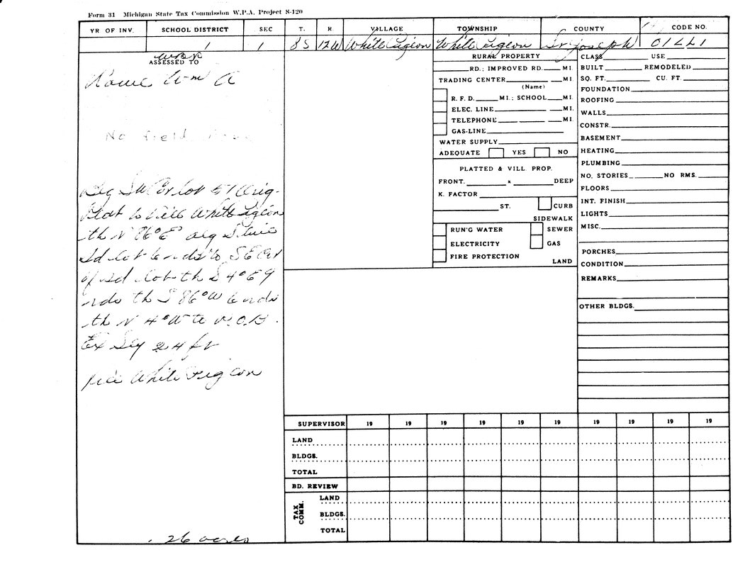 Tax form with handwritten notes, assessed to "Reume Einm Co," from Michigan State Tax Commission. Various sections for property details.