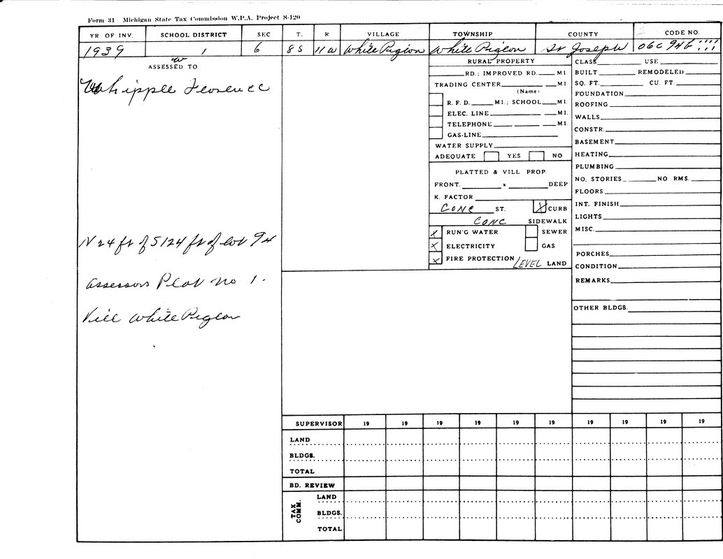 1939 tax commission form for a property in St. Joseph County, with details on utilities and land assessments.
