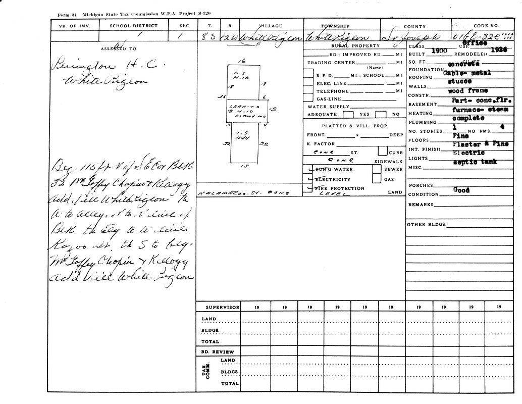 Property assessment form listing details like owner, location, building specs, and utilities, dated for Michigan State Tax Commission.
