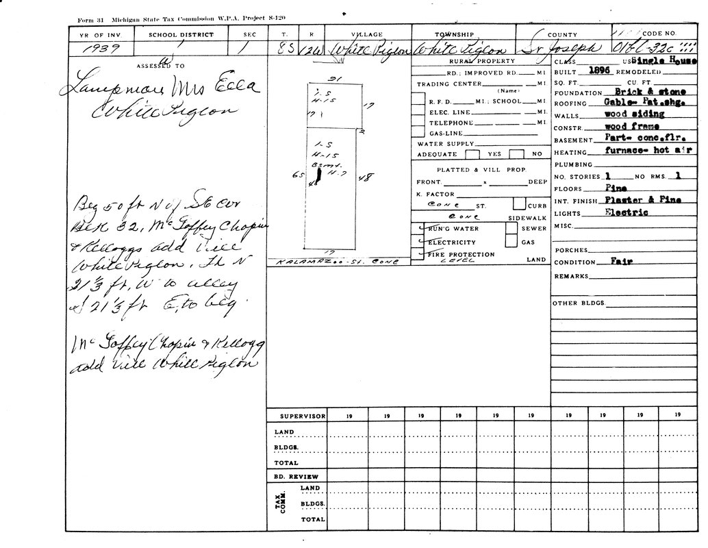 A 1939 Michigan property tax form with land description, owner info, and building details, including the year built and utilities.