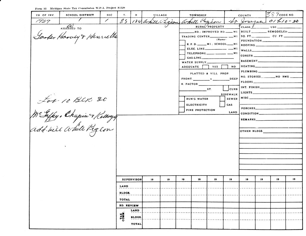 A 1939 Michigan State Tax form for White Pigeon, St. Joseph County, detailing property assessed to Gorden Harvey & Harriette.