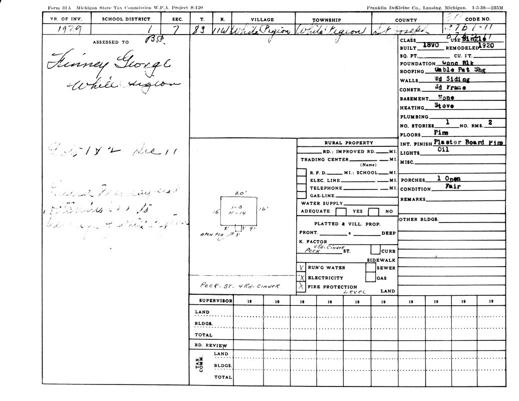 Tax assessment form for George Finney, 1929, Michigan. Property details include building, plumbing, heating, and rural property info.