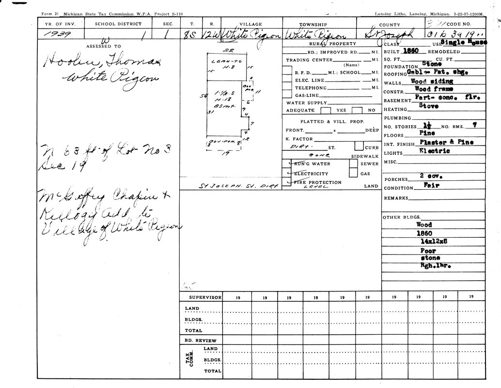 Property assessment card from 1939, White Pigeon, MI, detailing construction, utilities, and condition of a building.