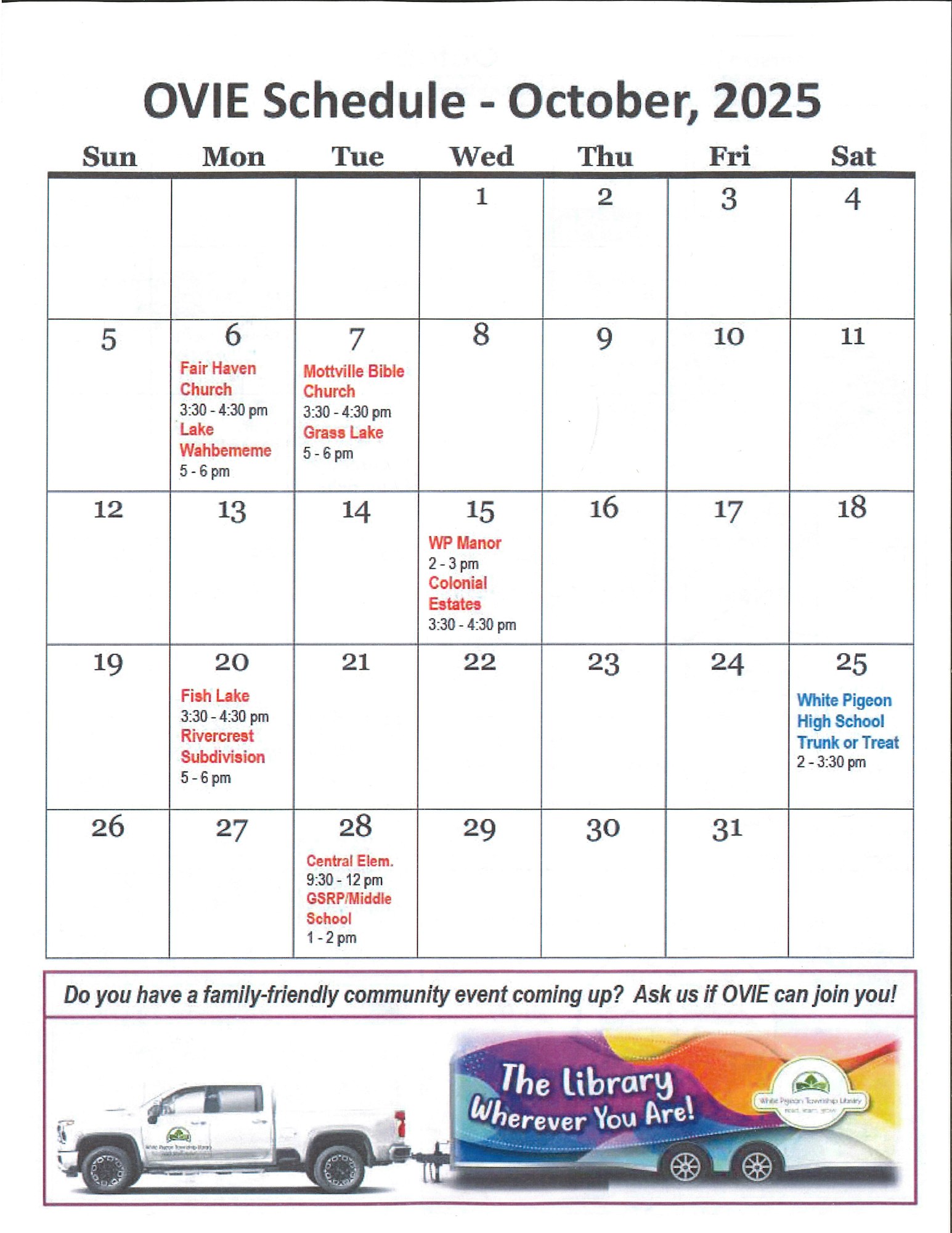 October 2025 schedule for OVIE, mobile library events listed, including visits to churches, schools, and a Halloween event.