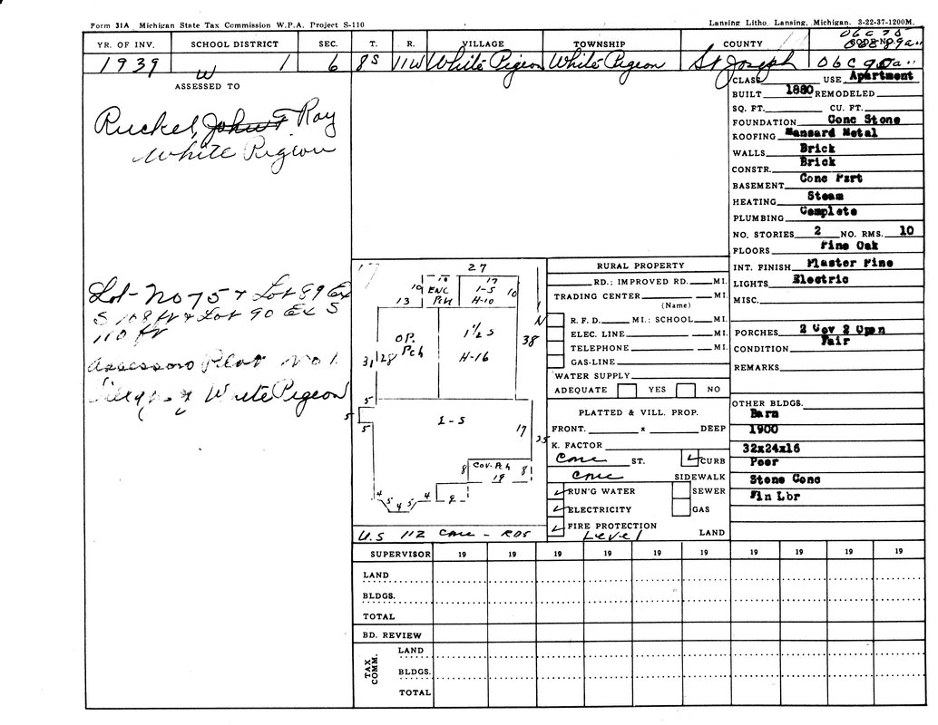 Property tax assessment form from 1939 for a lot in White Pigeon, detailing construction, dimensions, and utilities.