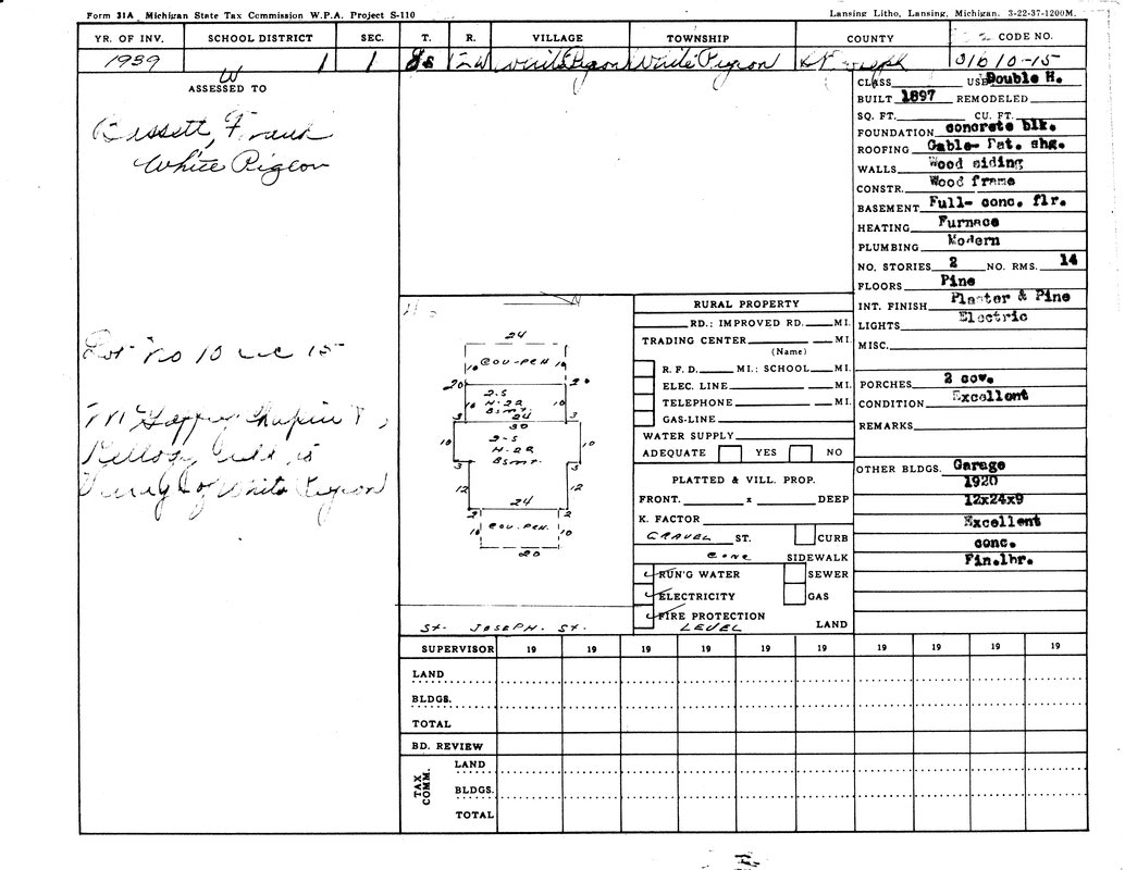 A 1939 property record for Frank Bassett in White Pigeon, Michigan, detailing construction, utilities, and other features.