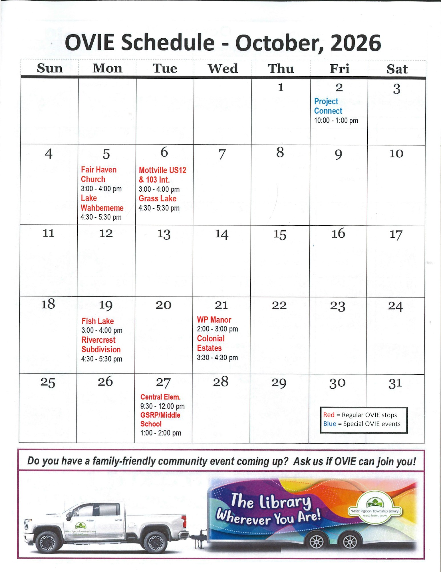 It's a calendar for October 2026, showing events and activities planned by OVIE, including times and locations.