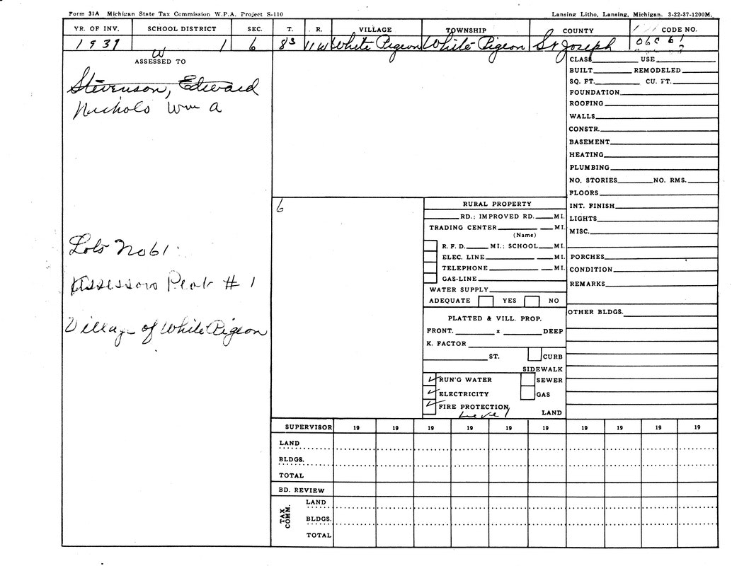Michigan State Tax Commission form with property details for Edward Stevenson in the Village of White Pigeon, St. Joseph County.