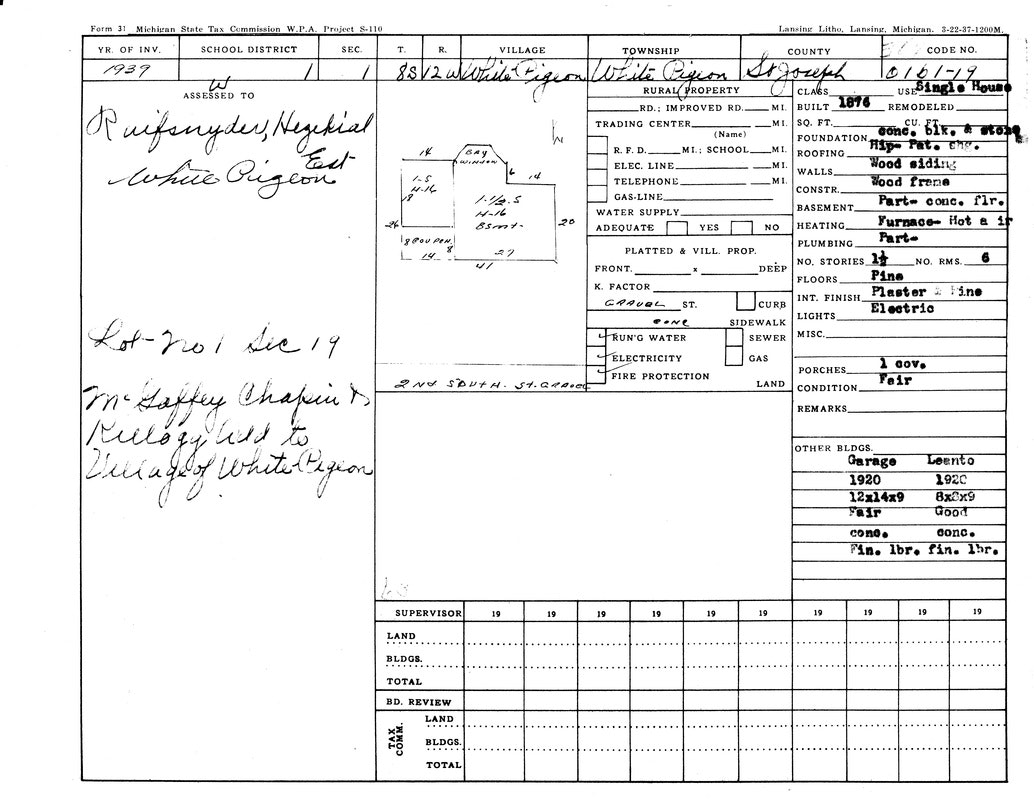 A 1937 Michigan property tax form for a house in White Pigeon, with details on structure, utilities, and additional buildings.