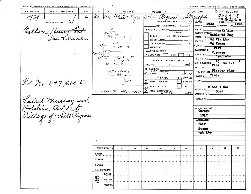 Tax assessment form from 1939, White Pigeon, MI; details on property, owner, structure, utilities, and location.