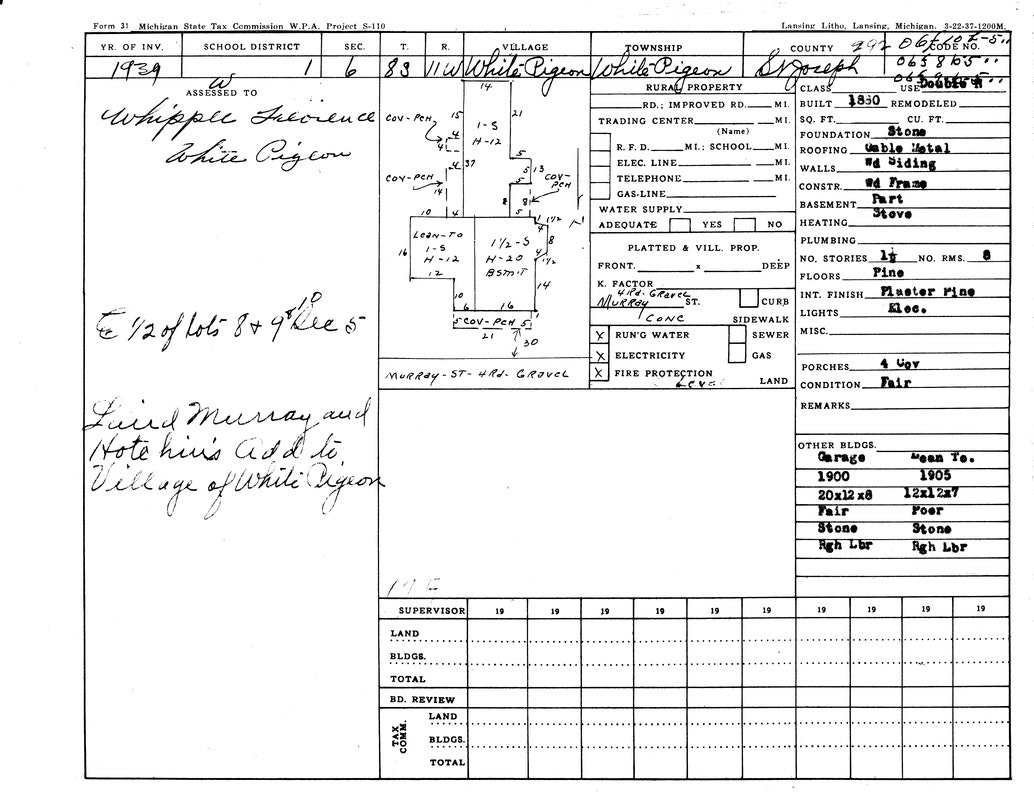 Michigan State Tax form from 1937 for a property in White Pigeon, details include dimensions, construction, and conditions.