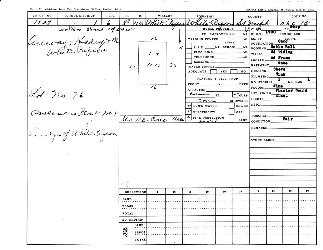 A 1939 Michigan State Tax Commission property record for Harry M. Anway, detailing building specs and location in White Pigeon.