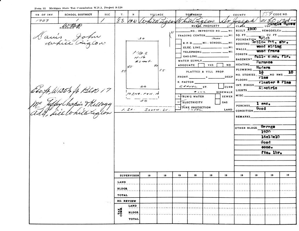 A 1937 Michigan property assessment form with handwritten details on building specs and utilities.
